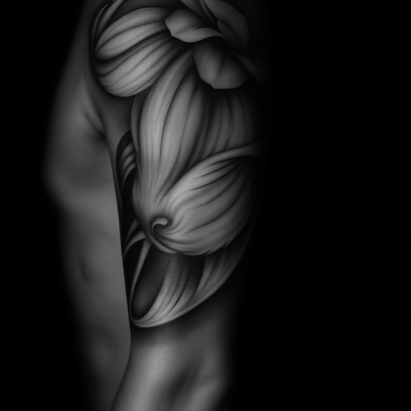Black and grey realism floral tattoo on upper arm