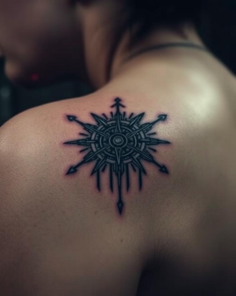 Cyber geometric compass sigil tattoo on shoulder blade