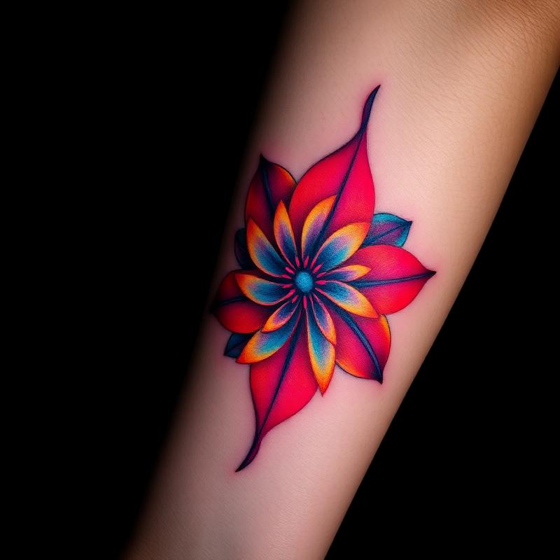 Vivid color neon flower tattoo on forearm