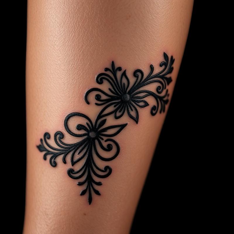 Healed ornamental fine line tattoo on calf