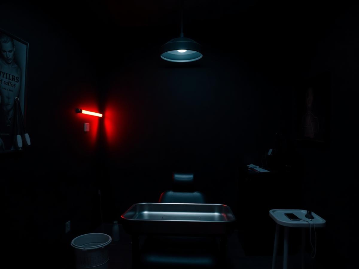 Private dark tattoo studio interior in Tbilisi with red neon accent